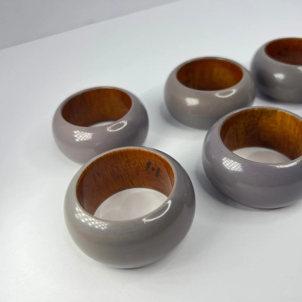 6 Vintage Wood Greige Napkin Rings‎ Made in India Taupe Grey Boho Eclectic Retro